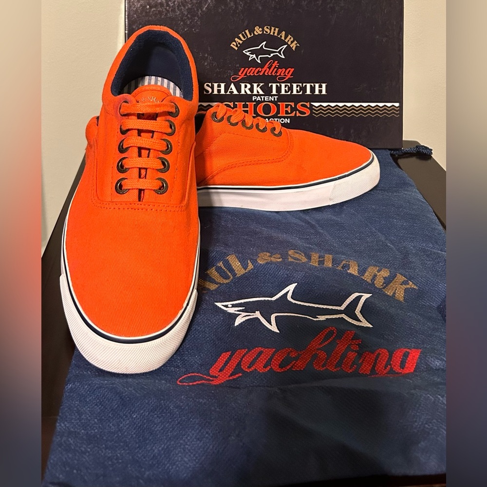 Paul & Shark Yachting Rare Shark Teeth Orange Canvas Yatching Boat Shoes 42 US 9